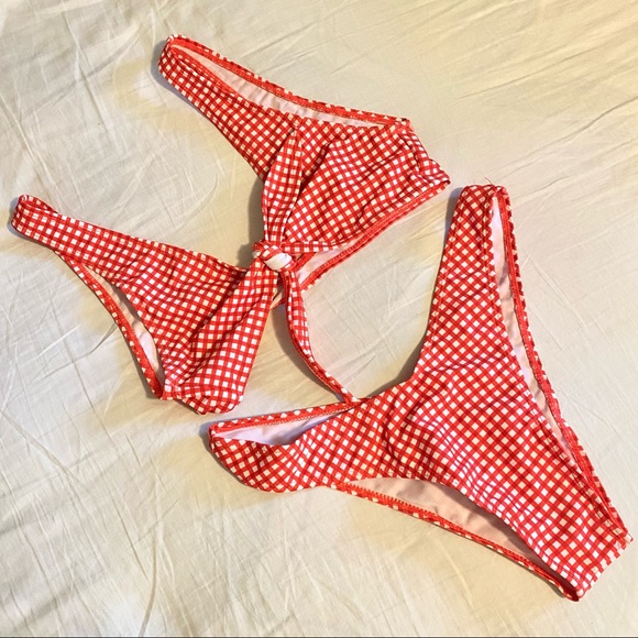 Red & White Gingham Front Tie Bikini | Size Small - Picture 1 of 1